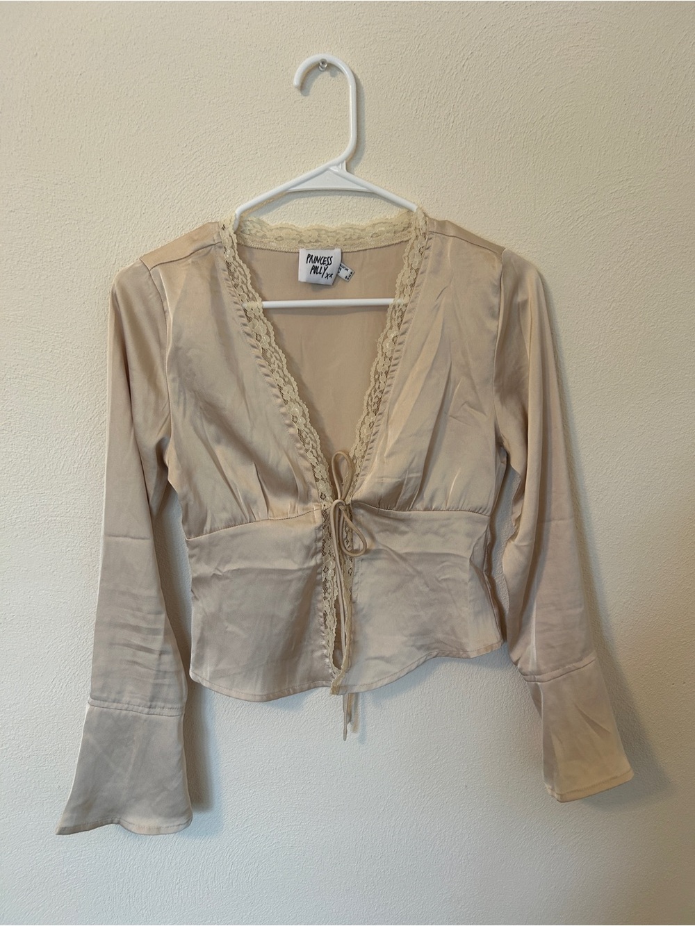 Princess Polly Beige Lace-Trim Tie-Front Blouse